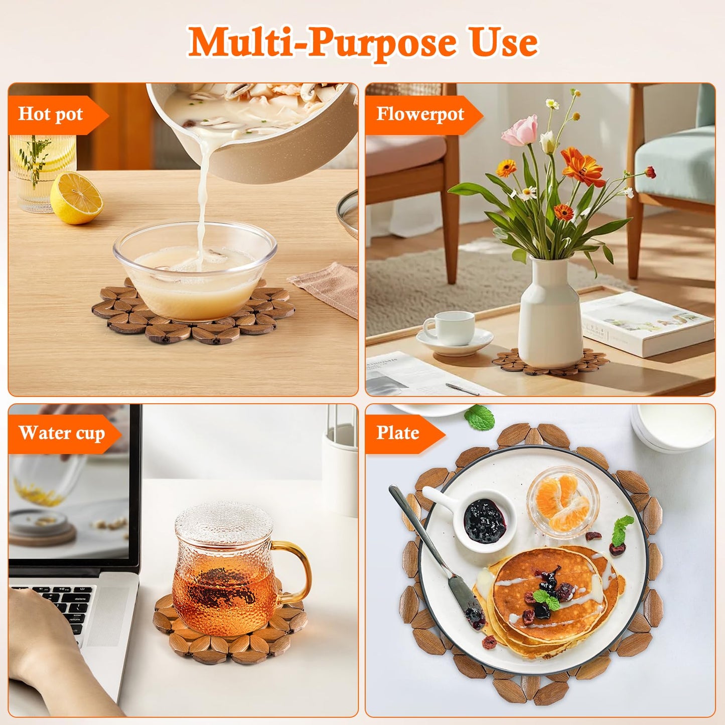 Dovesail 9 Pack Bamboo Trivet Mat for Hot Dishes, 6.5/8.3/10 Inch Heat Resistant Hot Pads Trivets, Hot Pad to Protect Your Table and Countertop, Hot Tea Pot Coaster for Coffee Pot