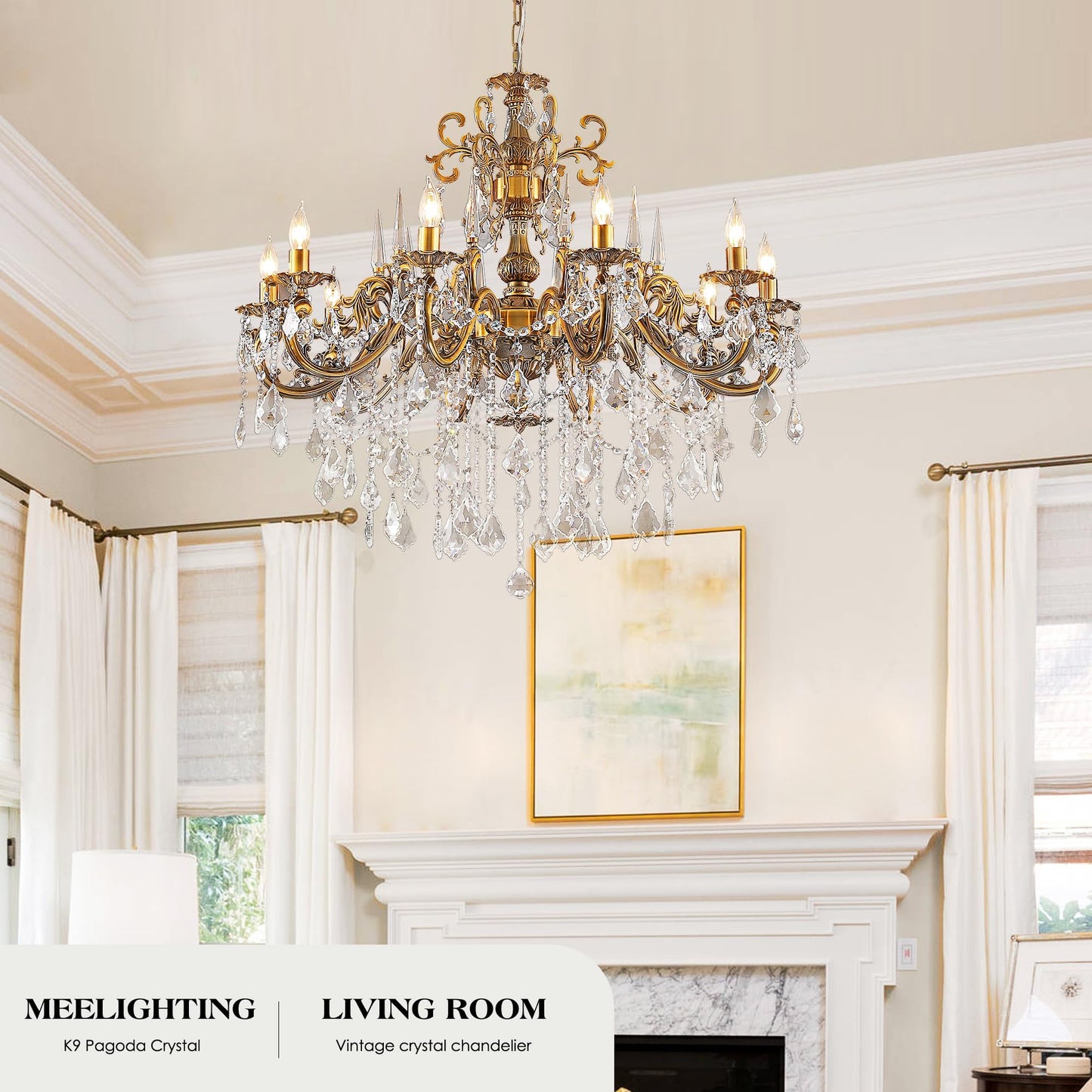 MEELIGHTING Gold Crystal Chandelier, 10-Light Antique Bronze Candle Pendant Ceiling Light Fixture with K9 Crystals for Dining and Living Room, Bedroom, Kitchen Island, Hallway, Dia 36"