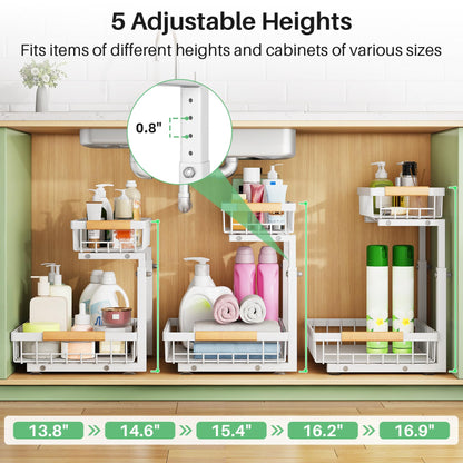 Kitstorack Under Sink Organizer, 2 Tier Under the Sink Storage, Slide out Pull out Cabinet Organizer Shelf, Metal Sliding Drawer for Kitchen Bathroom Pantry Closet Organization Rack, White, 2 Pack