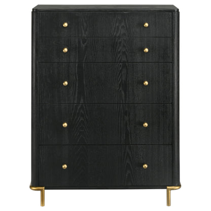 Coaster Home Furnishings - Arini - Wood - 5-Drawer Chest with Rounded Corners, Gold Knobs, Hidden Drawer and Wire-Brushed Finish - Coastal - Bedroom - Black - 224335