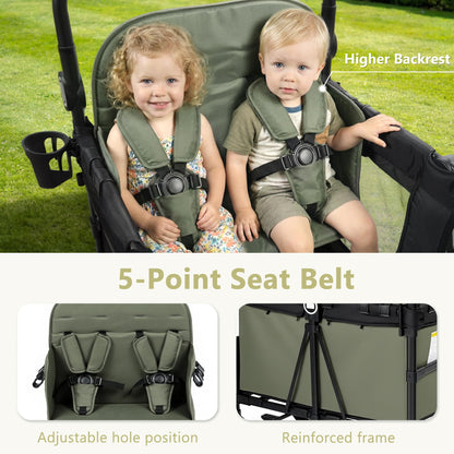 Kinder King Wagon Stroller for 4 Kids, All-Terrain Foldable Outdoor Stroller Wagon 4 Seater, Removable Canopy, Adjustable Handle, Detachable Tray, Large Storage, Green