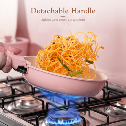 Astercook 21 Pcs Pots and Pans Set Non Stick, Ceramic Cookware Set Detachable Handle, RV Kitchen Cooking Set Removable Handles, Oven Safe, Induction Ready, Stackable, Pink, Mothers Day Gifts