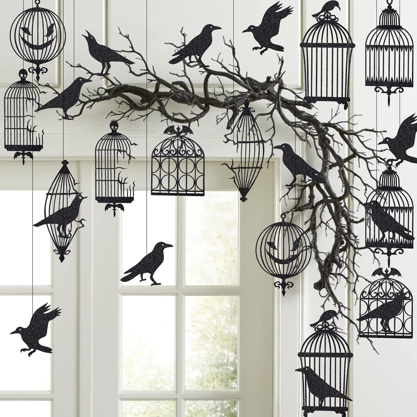 Cheerland Glitter Black Crow Cage Halloween Decorations Bird Raven Hanging Banners for Gothic Halloween Garland Backdrop Centerpiece Wall Cutouts for Horror Theme Birthday Wedding Yard Party Supplies
