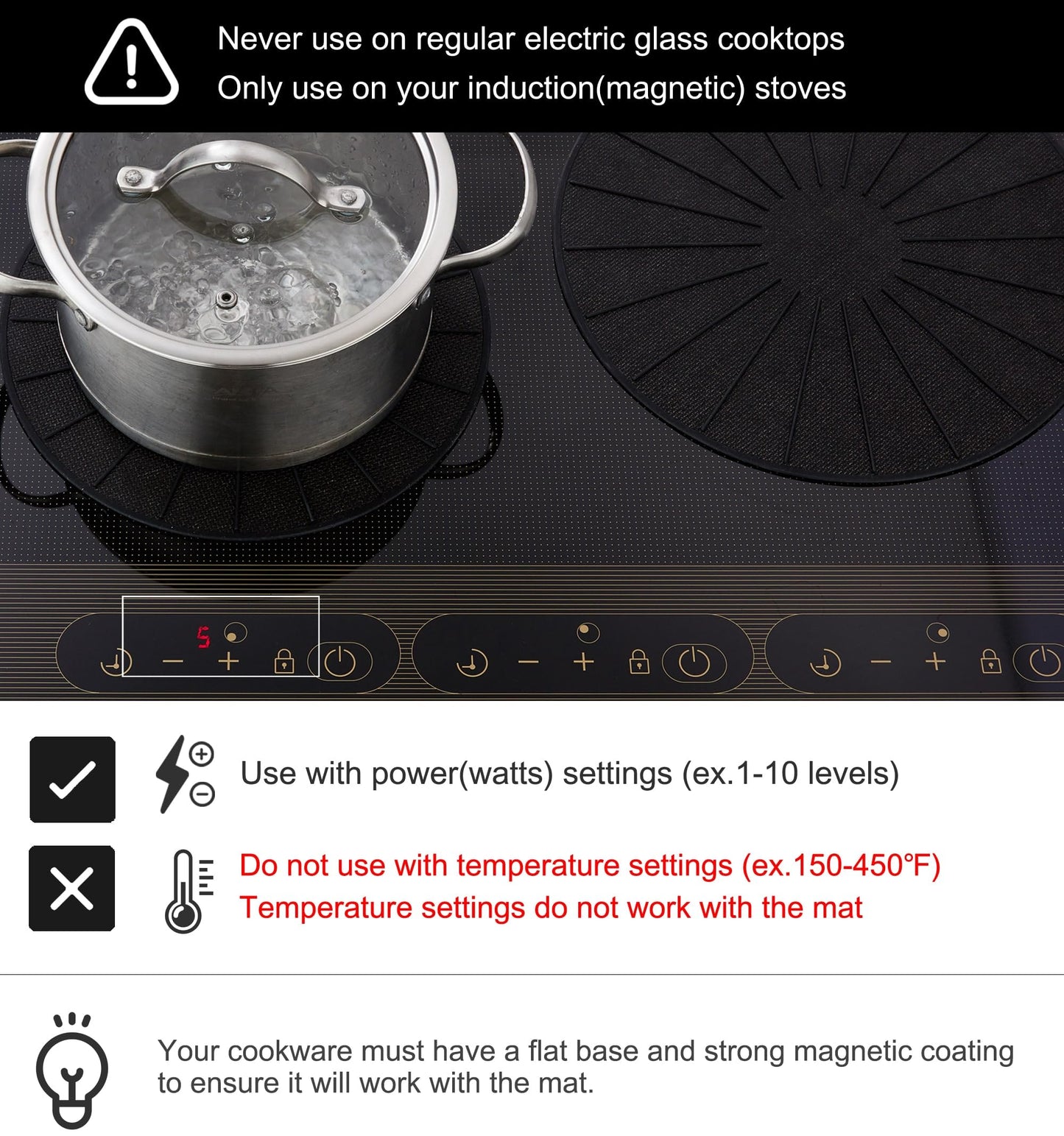 Lazy K Induction Cooktop Mat - Silicone Fiberglass Scratch Protector - for Magnetic Stove - Non slip Pads to Prevent Pots from Sliding during Cooking - Square (9inches) Black