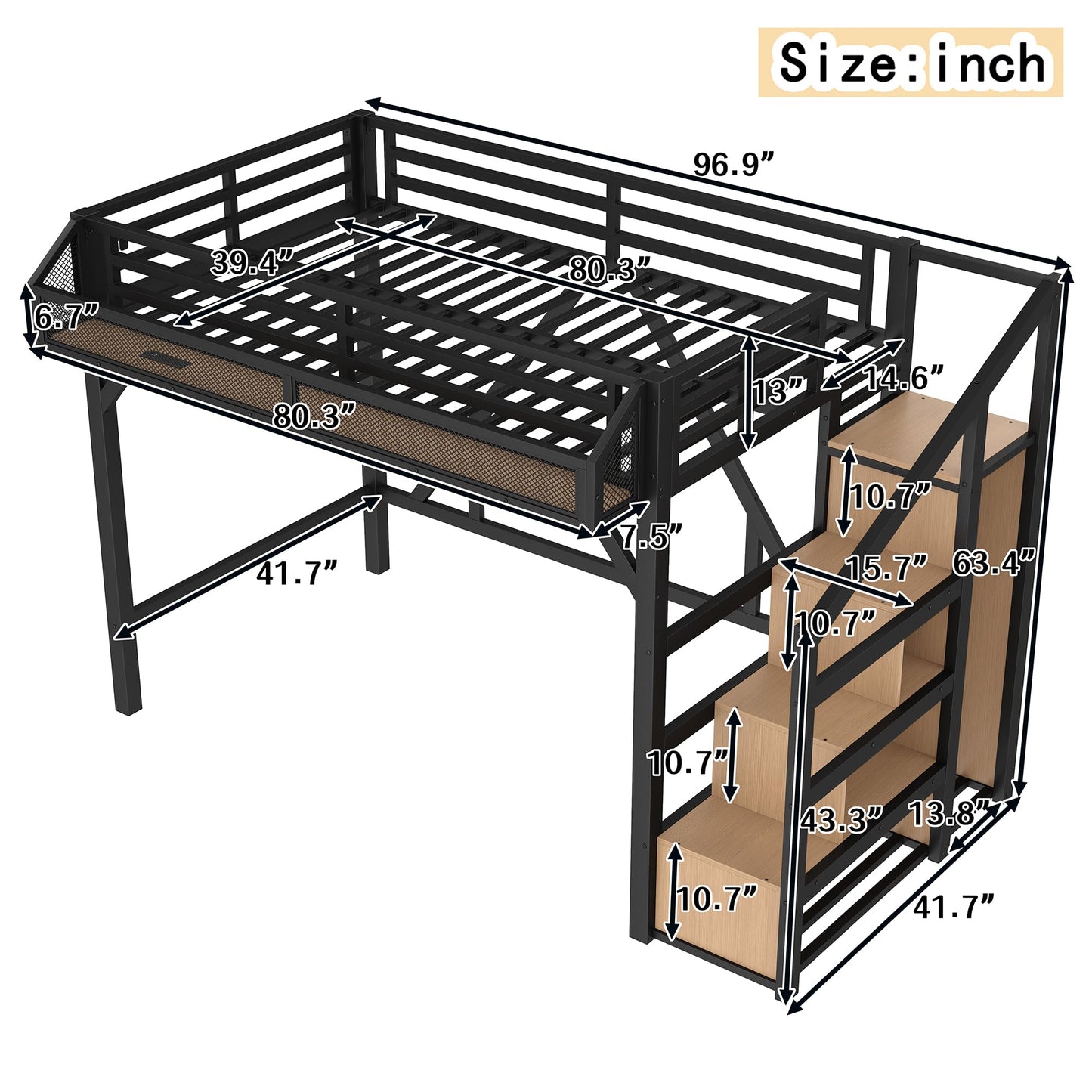 Bellemave Twin XL Size Loft Bed with Stairs and Wardrobe,Heavy Duty Metal Loft Bed Frame with Shelves,LED Lights and Charging Station for for Kids,Teens,Adults,Natural Wood