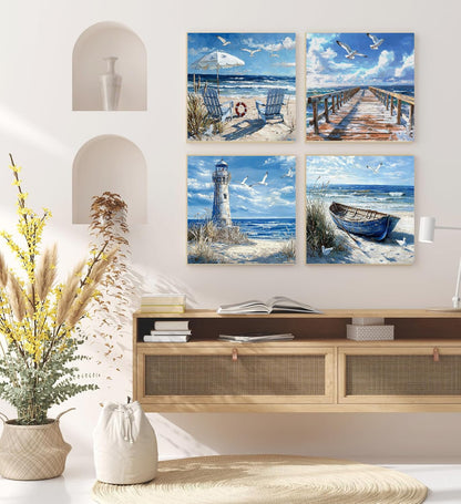 4 Pack Beach Diamond Art Kits for Adults Beginners,Full Round Drill DIY Diamond Painting Kits,Paint by Diamonds Dot Gem Art Crystal Easy,Home Wall Decor&Gift-12x12in