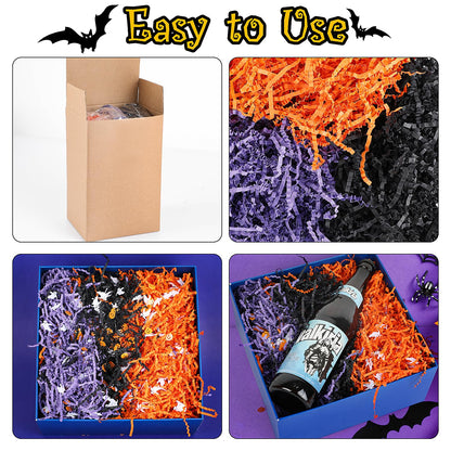 FOIMAS Halloween Crinkle Cut Paper,9.87oz Black Orange Purple Shred Raffia Paper with Pumpkin Ghost Confetti for Trick or Treat Halloween Bakset Gift Packaging Supply