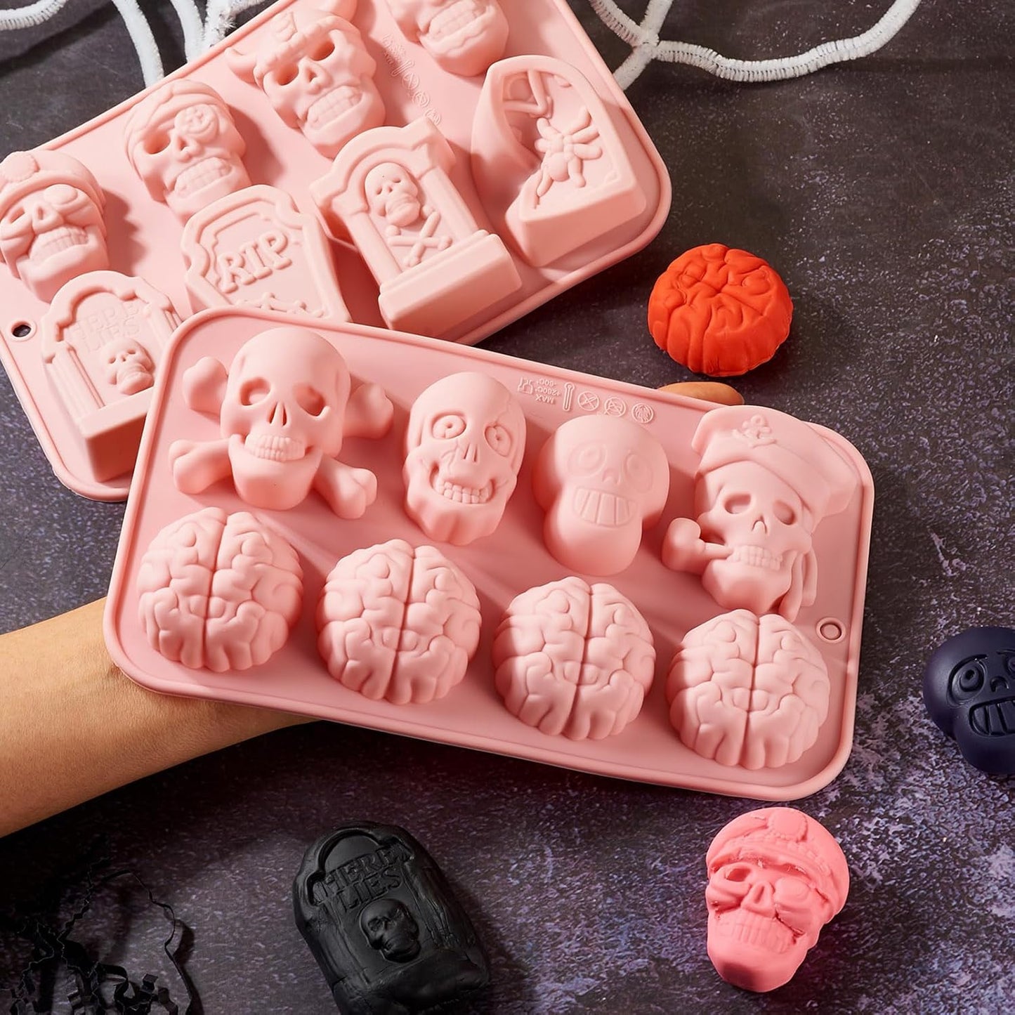 2Pcs Halloween Silicone Mold Skull Tomb Brain Fondant Molds for Gummy Jello Candy Chocolate Baking Decoration