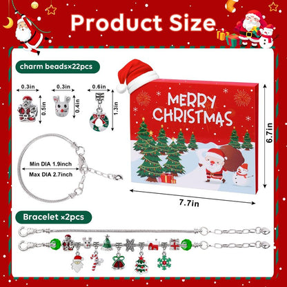 Christmas Advent Calendar Bracelets 2026 for Girls, 24 Days Xmas Countdown DIY Jewelry Kit with 22 Charm Beads and 2 Adjustable Bracelets Gift for Kids Teens Women