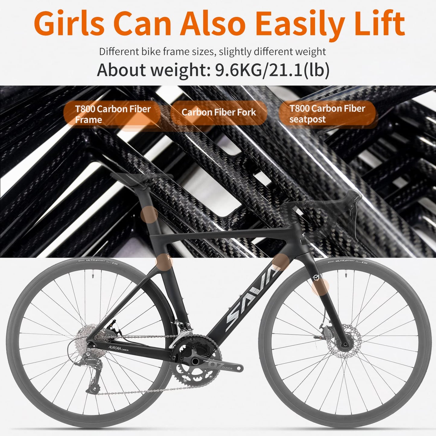 SAVADECK Carbon Disc Road Bike, Integrated Design Racing Bicycle Carbon Frame Carbon Fork with Shimano SORA R3000 Derailleur System 18 Speed Disc Brake Road Bike for Men or Women(Black,56cm)