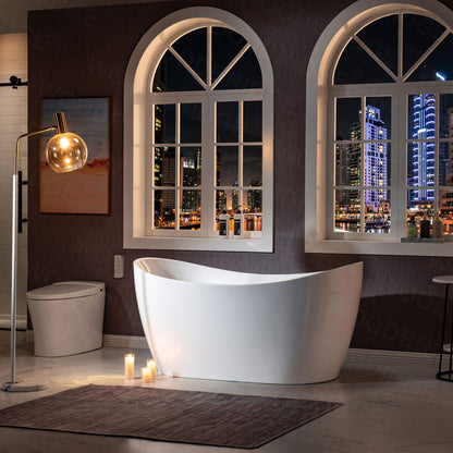 WOODBRIDGE 59" Acrylic Freestanding Bathtub Contemporary Soaking White Tub with Matte Black Overflow and Drain，BTA1516 -MB-Drain &O+ Pillow