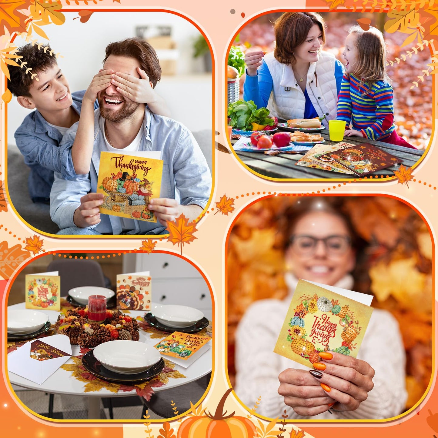 Saillong 12 Pack Thanksgiving Diamond Painting Greeting Card Kits DIY Fall Diamond Art Cards with Envelopes Pumpkin Turkey 5D Rhinestones Paint Card for Adults DIY Crafts Family Friend Birthday Gifts