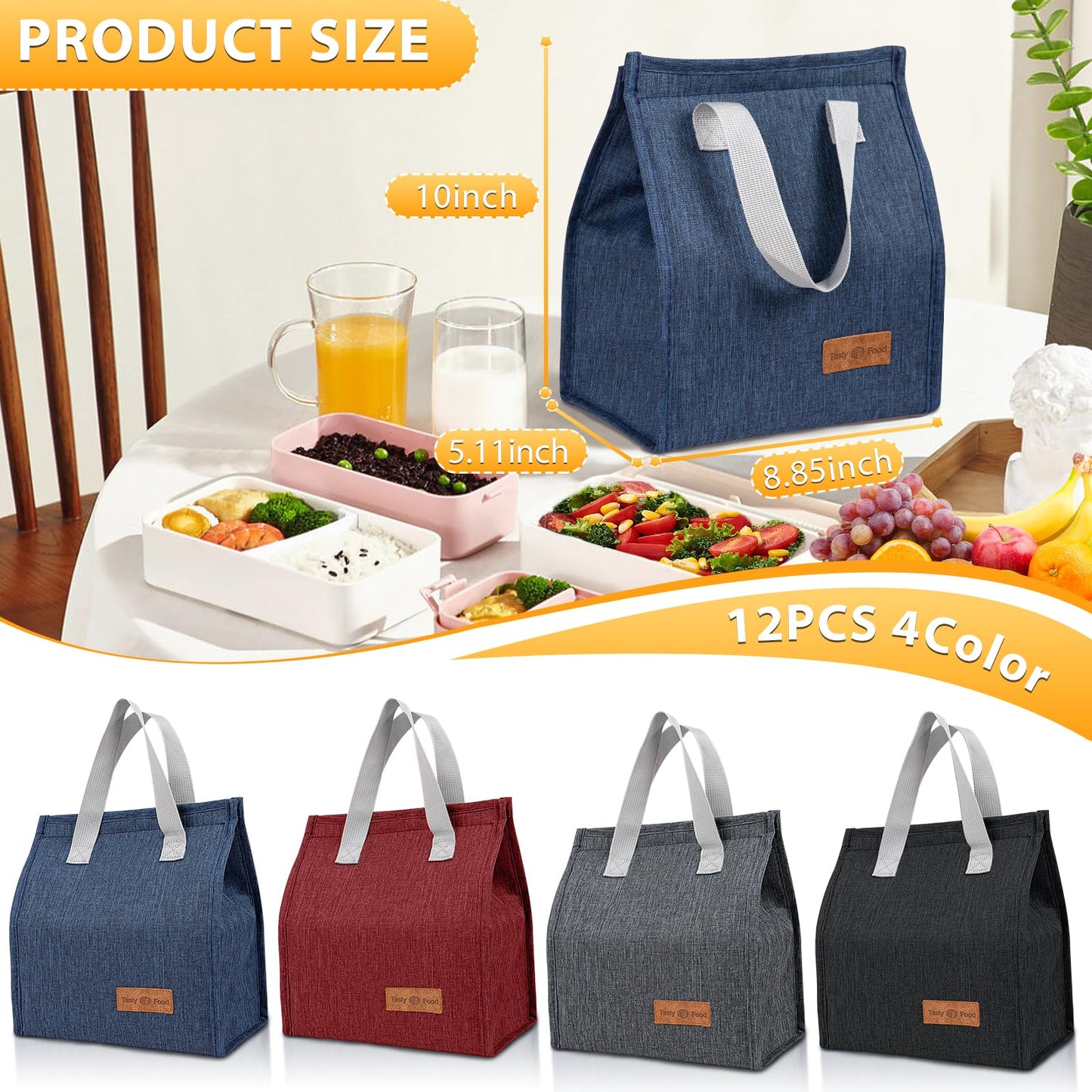 VZZNN 12 Pack Lunch Bags Bulk,Insulated Reusable Lunch Bags with Aluminum for Women Men,Leakproof Tote Large Lunch Box for Office,Work,Beach or Travel,Black