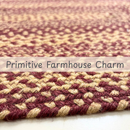 Jute Braided Rugs 4x6' Oval Rustic Trails – Burgundy & Tan Primitive Rugs for Living Room, Dining Room Decor, Farmhouse Living Accent