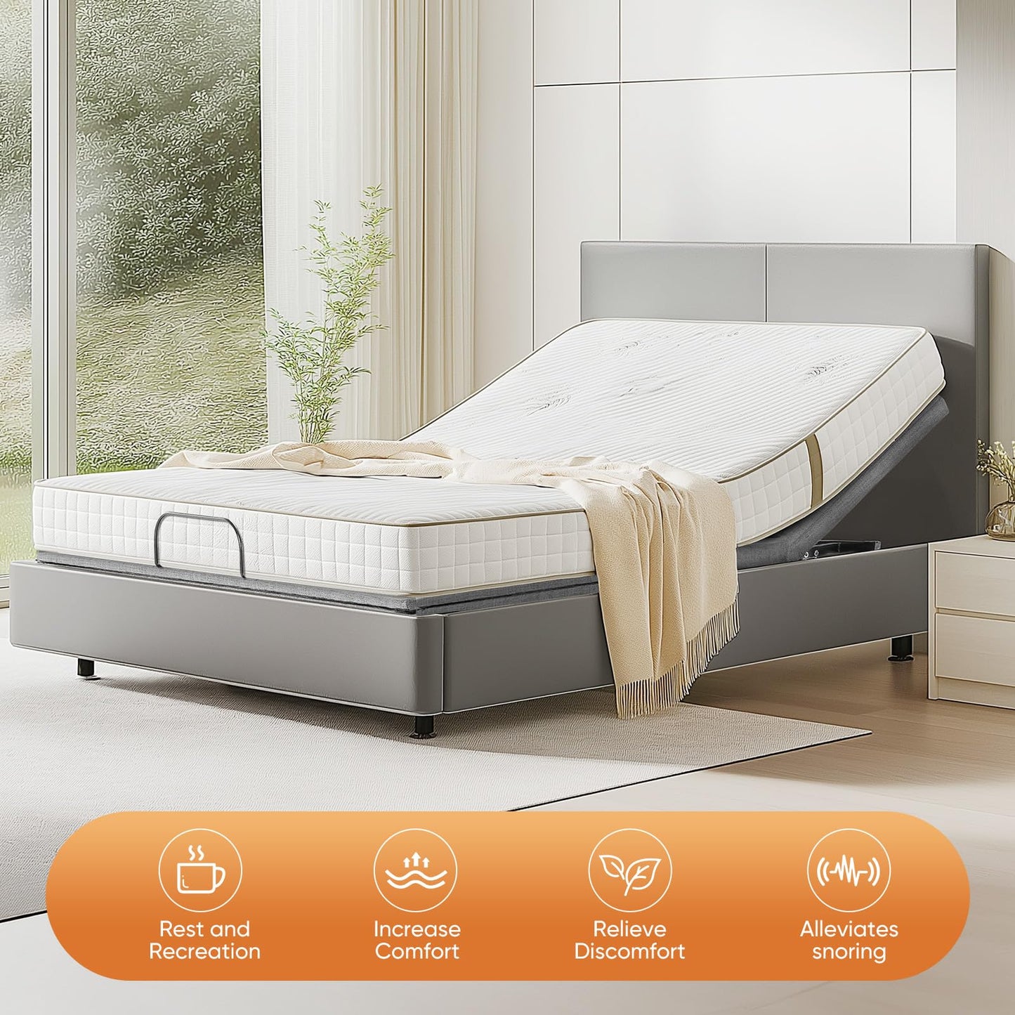 Sweetcrispy Twin XL Adjustable Bed Frame, Ergonomic Electric Base with Wireless Remote and 2 USB Ports, Head and Foot Incline, Zero Gravity, Anti-Snore, Easy Assembly