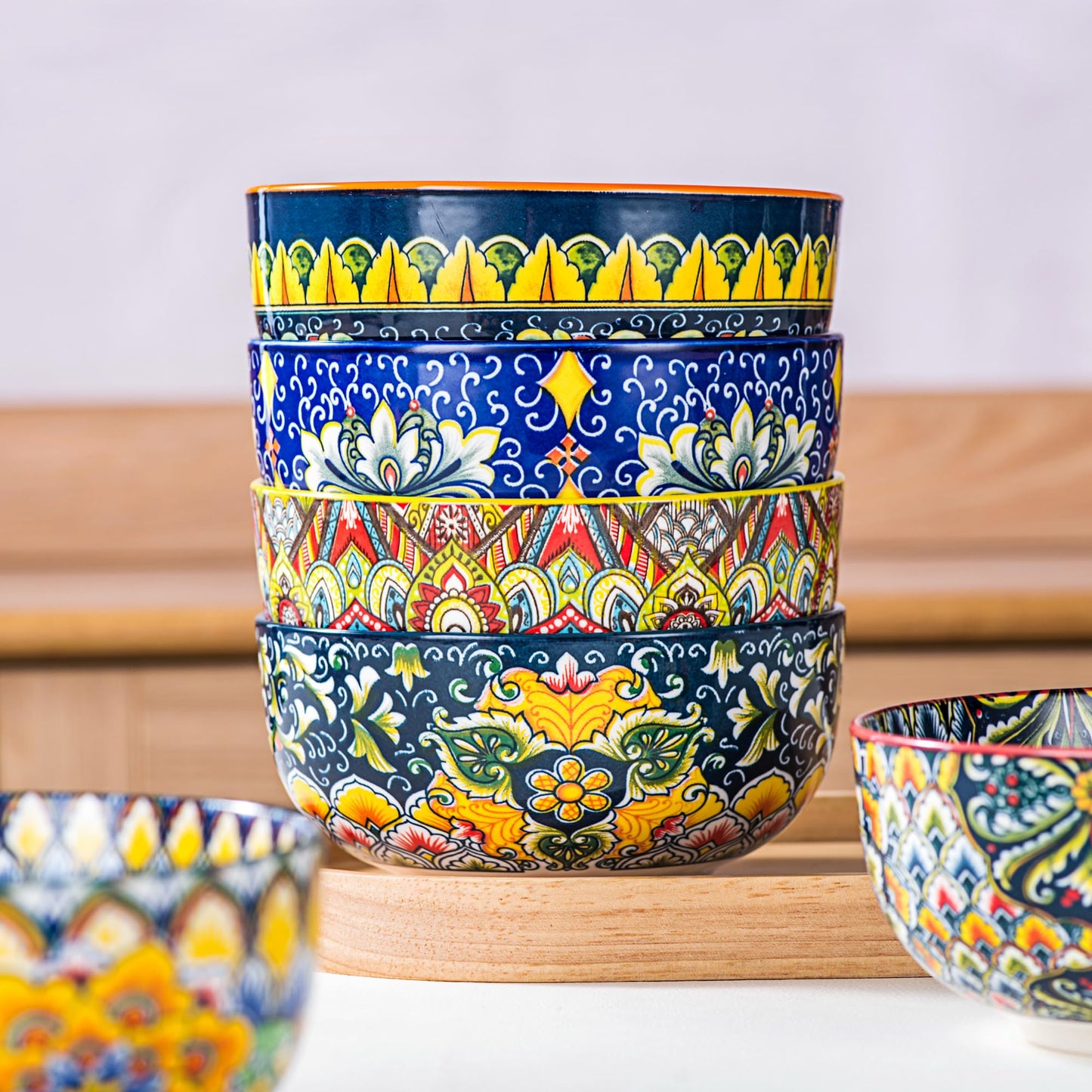 Henten Home Ceramic 28 oz Soup Bowls, Boho Style Cereal Bowl Set, Colorful Serving Bowls for Salad, Pasta, Rice, Set of 6, Dishwasher & Microwave Safe