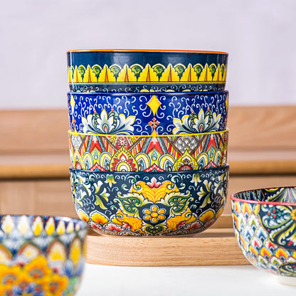 Henten Home Ceramic 28 oz Soup Bowls, Boho Style Cereal Bowl Set, Colorful Serving Bowls for Salad, Pasta, Rice, Set of 6, Dishwasher & Microwave Safe