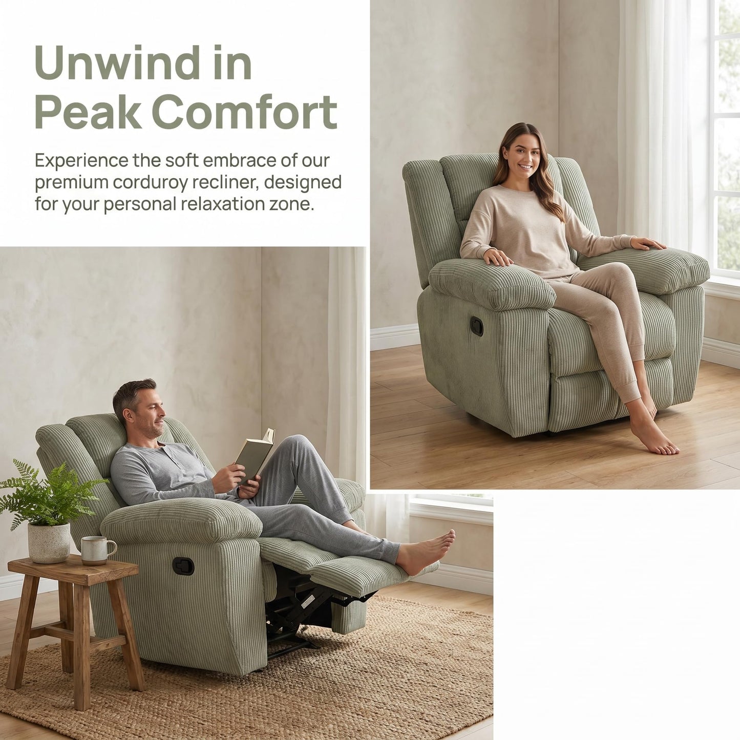 Trygoal Manual Recliner Chair, Nursery Rocking Chair, Linen Recliner Chair for Adults, Lazy Boy, Gaming Recliner wih Overstuffed Arms, Suitable for Home Theater, Living Room, Bedroom, Off-White
