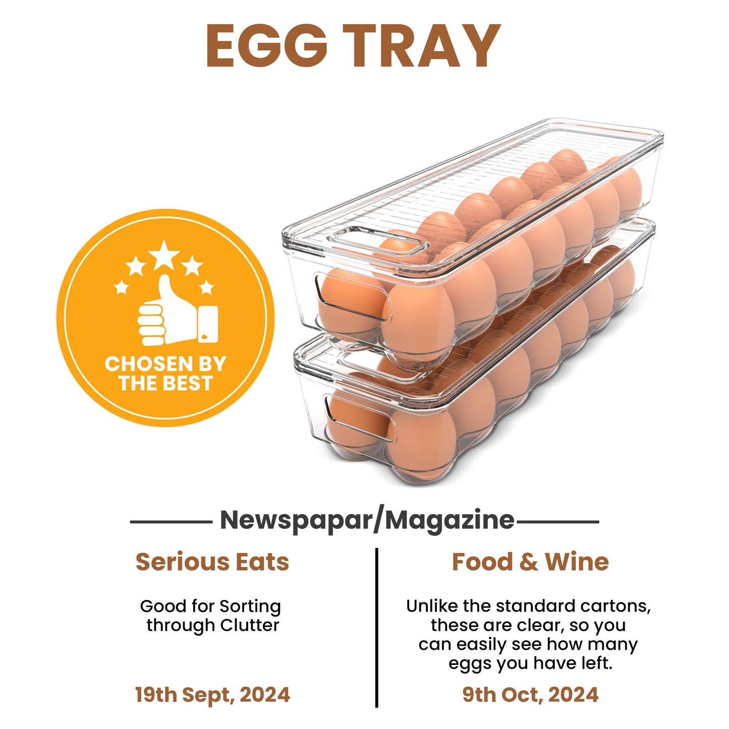 Utopia Home Egg Container With Lid and Handle for Refrigerator - Pack of 1 - Clear Stackable Egg Holder for Kitchen Storage and organization