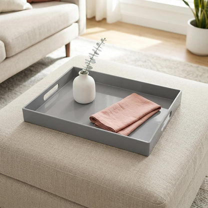 15.7 11.8 x1.6 Grey Decorative Tray, Rectangular Large Serving Tray with Handles, Plastic Coffee Table Tray