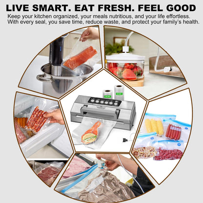 Precision Food Vacuum Sealer Machine, POWOT Fully Automatic Vacuum Sealing System, Commercial Food Vacuum Saver Pro, Double Heat Seal, Easy-Lock Handle, Built-in Cutter&Bag Storage, Hose&Bag Rolls