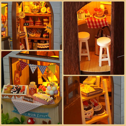 Foyucool Miniature House Kit, DIY Dollhouse Kits with Lights and Dust Cover, The for Family & Friends, Creative Craft Kit with Two-Story Bakery & Forest Basement
