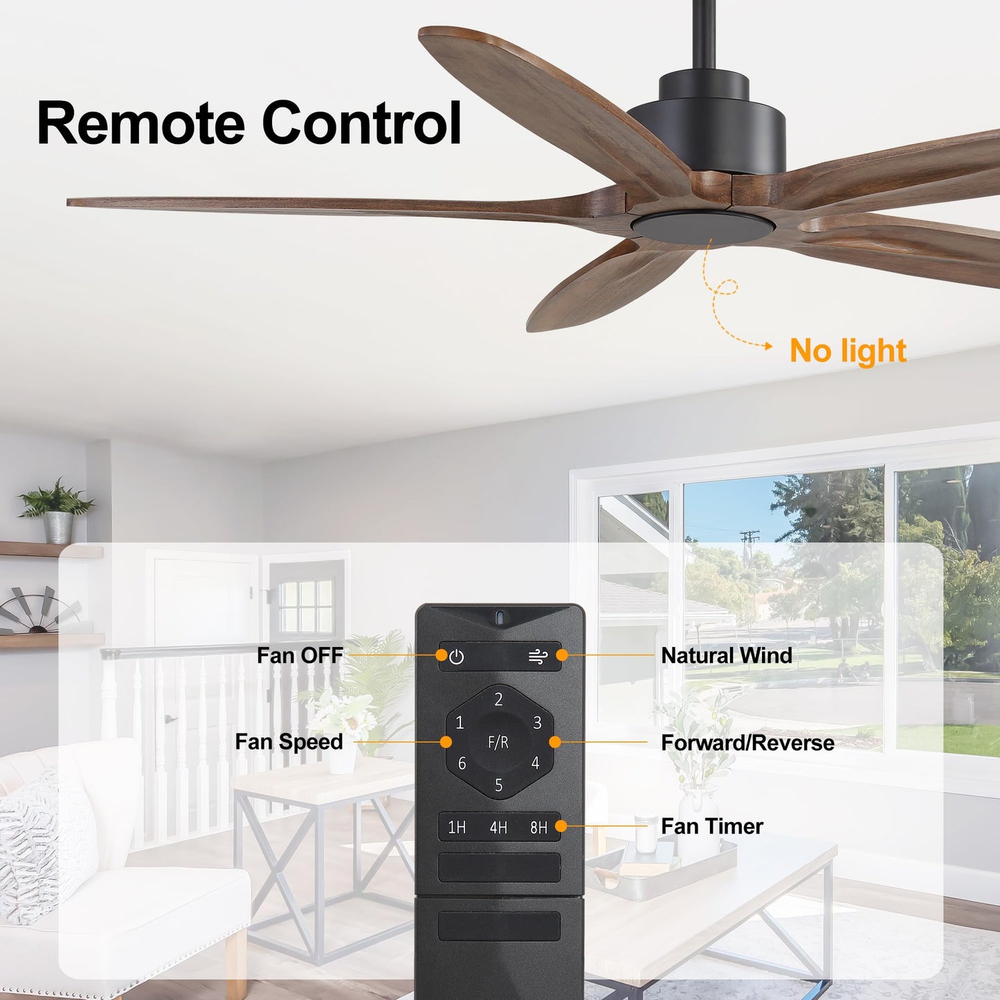 WINGBO 54 Inch Ceiling Fan without Light - 5 Carved Solid Wood Blades, 6-Speed Reversible DC Motor, Noiseless Remote Control Ceiling Fan No Light for Bedroom Living Room Kitchen, Black and Walnut
