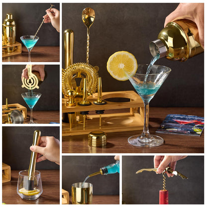 Cocktail Shaker Set Bartender Kit : 12-Piece Bar Tool Set with Bamboo Stand | Bars Set with All Practical Bar Accessories, for Drink Mixing, Bar, Home, Lounge & Party (Gold)
