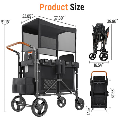 VELUVIA Wagon Stroller Outdoor for 2 Kids - Double Toddlers Stroller with Canopy & Removable Seat Pads, 2 Seater Push Pull Wagon One-Hand Fold, Shock-Absorbent Wheels & Safety Harness, Black