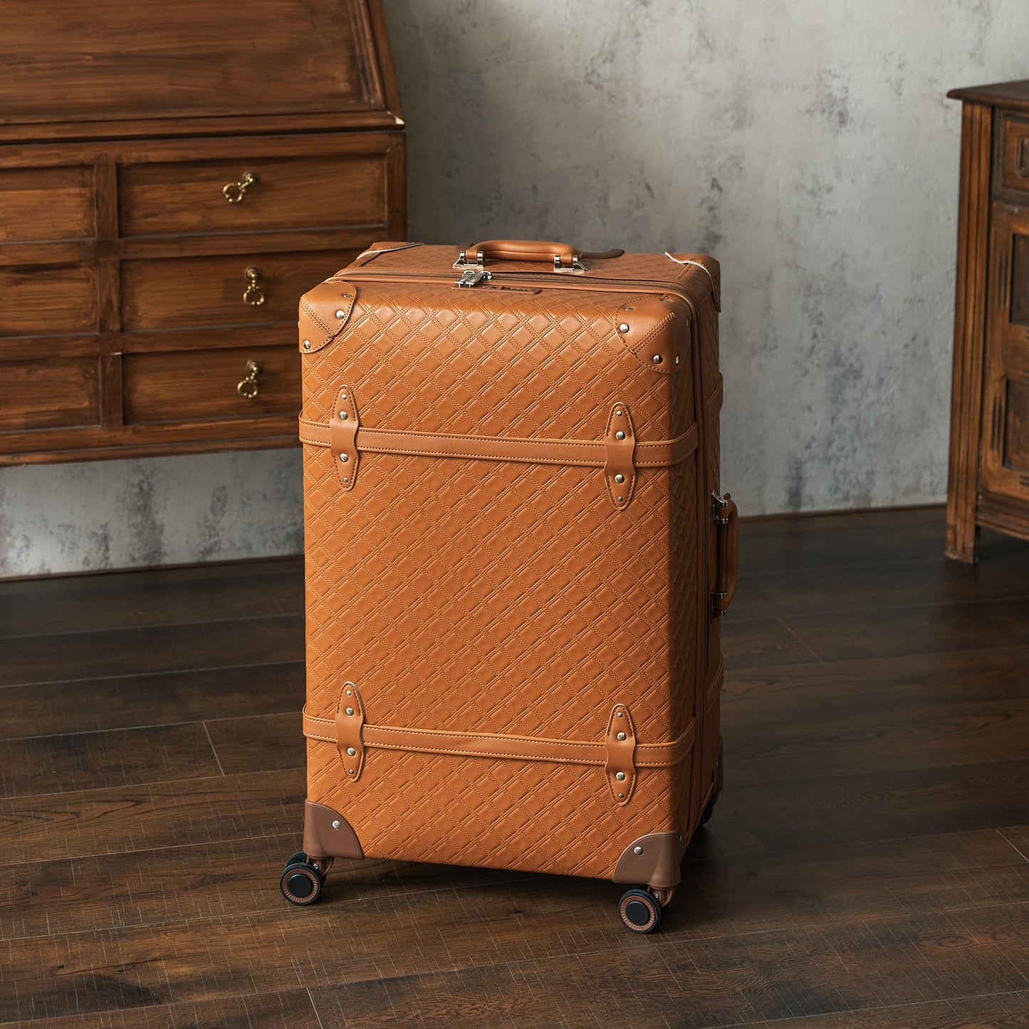 NZBZ Vintage Luggage set Carry on Cute Suitcase with Rolling Spinner Wheels TSA Lock Luggage 3 Pieces (Cognac Brown, 20inch & 24inch & 28inch)