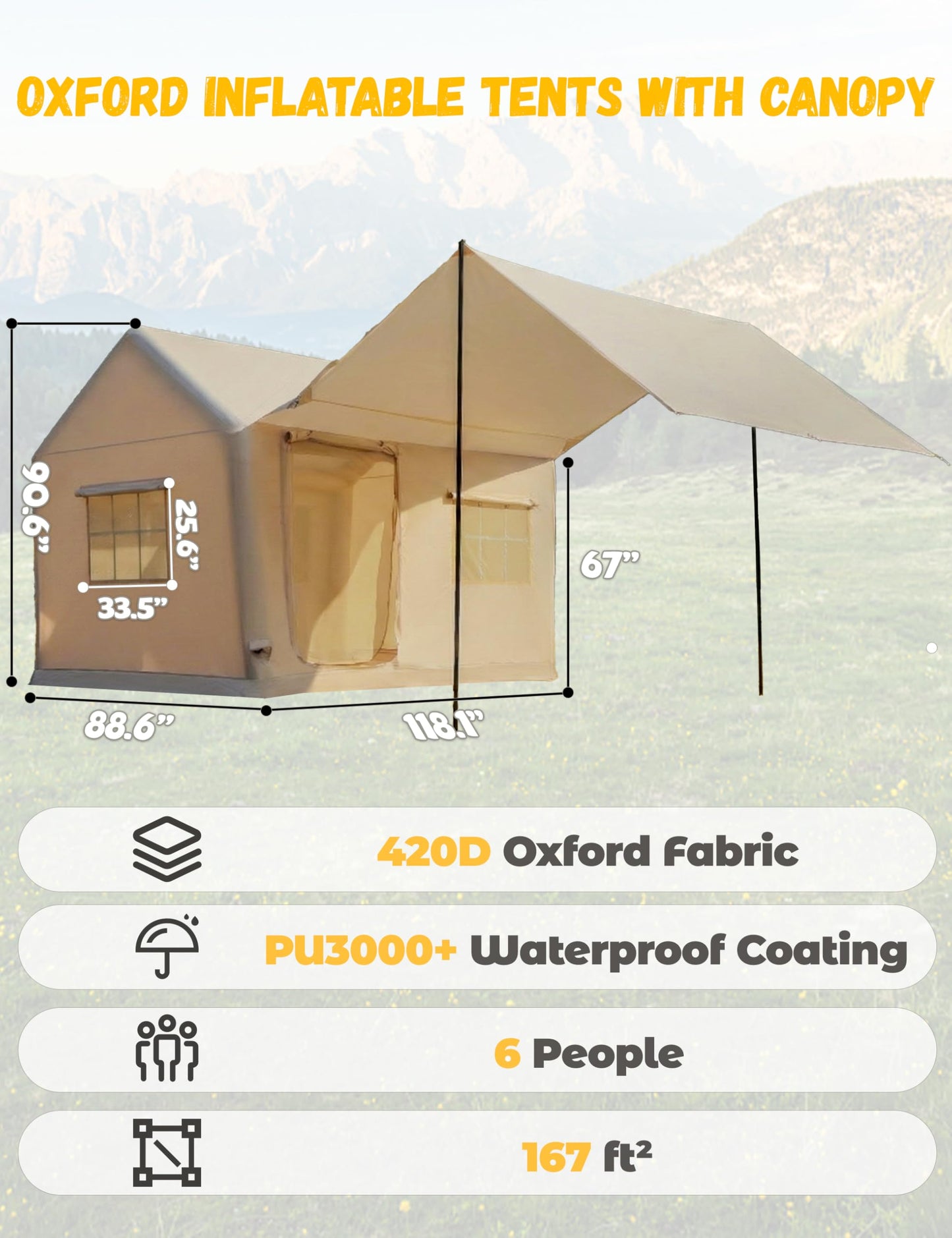 Luxury Inflatable Camping Tent House for 6-8 Person, 118"x158" XL Awning, 6.3" Extra Thick Air Beams (Stronger Than 5"), Heavy Duty Waterproof Oxford, Fast Setup Camping House with Pump & Bag
