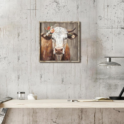 Cattle Framed Wall Art Decor, Rustic Farmhouse Cow Animal Painting with Wildflowers Artwork for House