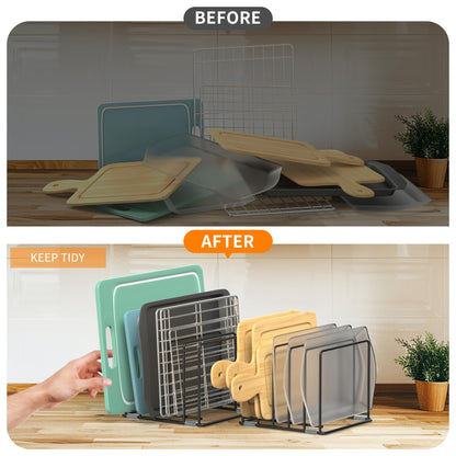 VAEKUCEAN Cutting Board Organizer, [2-Pack] Kitchen Cabinet Organizer, Divided Rack with 5 Slots for Baking Trays, Cutting Boards - Cookie sheet Organizer Inside Cabinet, Baking Sheets Holder (Large)