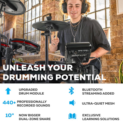 Alesis Nitro Max Kit Compact Electric Drum Kit with Quiet Mesh Pads, 10" Dual-Zone Snare, Bluetooth, 440+ BFD Sounds, Drumeo, USB MIDI, Kick Pedal