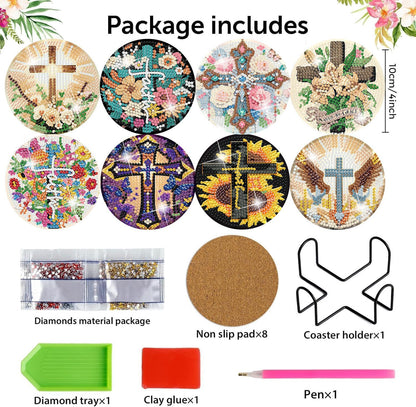igoodom 8 Pcs Cross Diamond Art Coasters Kit with Holder, DIY Cross Diamond Painting Coasters for Beginners Adults, Non Slip Diamond Art Kits Craft Supplies 4x4inch