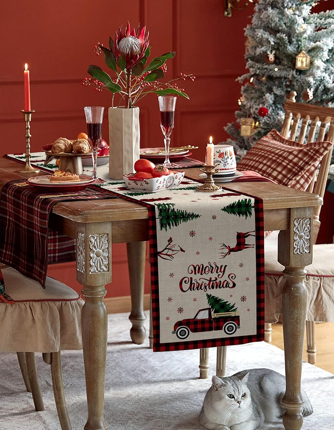 Christmas Truck Cotton Linen Table Runners, 90 Inches Long, Red Buffalo Plaid Non-Slip Burlap for Holiday Decor