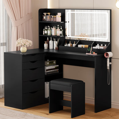YESHOMY Vanity Desk with Lights and Mirror, L Shaped Makeup Table, Dresser with Hairdryer Holder and Power Outlet, Adjustable 3 Lighting Modes, 5 Drawers and Adjustabled Open Storage Shelves, Black
