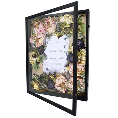 GraduationMall 18x24 Wood Shadow Box Frame Glass Door Display Case with Linen Back and 6 Stick Pins,1.5 inches Interior Depth,Ideal for Memorabilia Pictures Flowers Medals Tickets Rustic Black