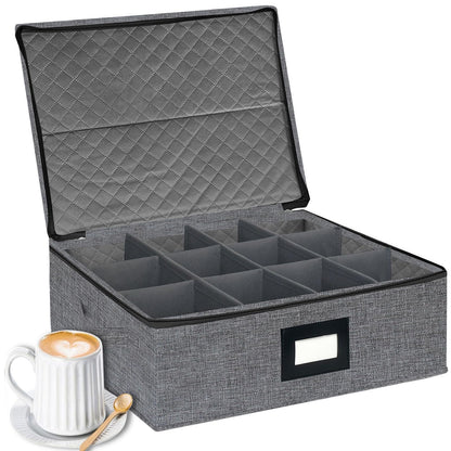 homyfort Mug Coffee Storage Box with Dividers - Stackable Glass China Storage Containers Hard Shell with Lid, Label and Handles, Holds 12 Coffee Mugs and Tea Cups (Dark Grey)