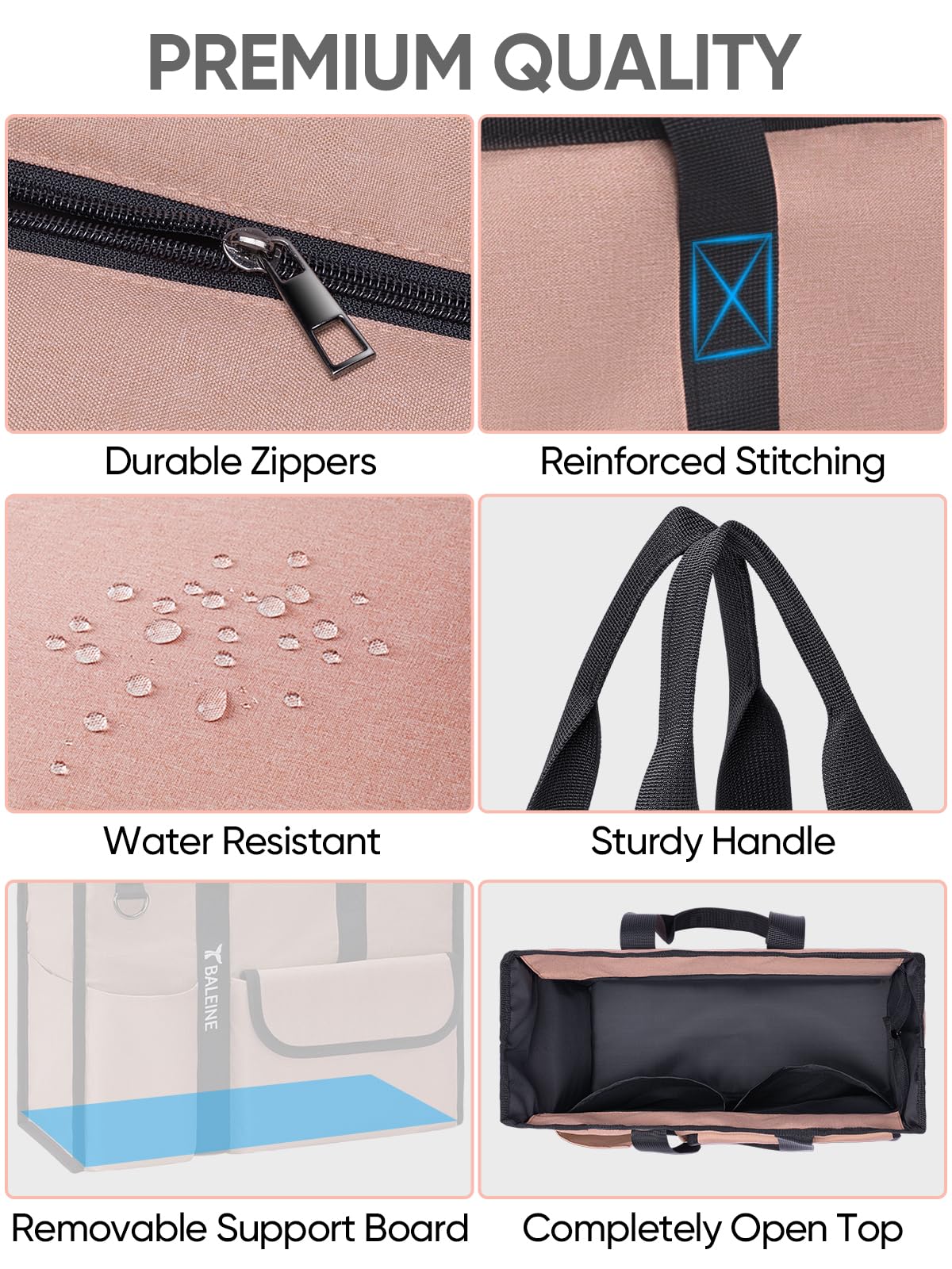 BALEINE Large Utility Tote Bag with Reinforced Bottom, Multi-Pockets and Top Zipper Closure, Perfect for Teachers, Nurses, Travel, Work - Water-Resistant (Medium, Pink)