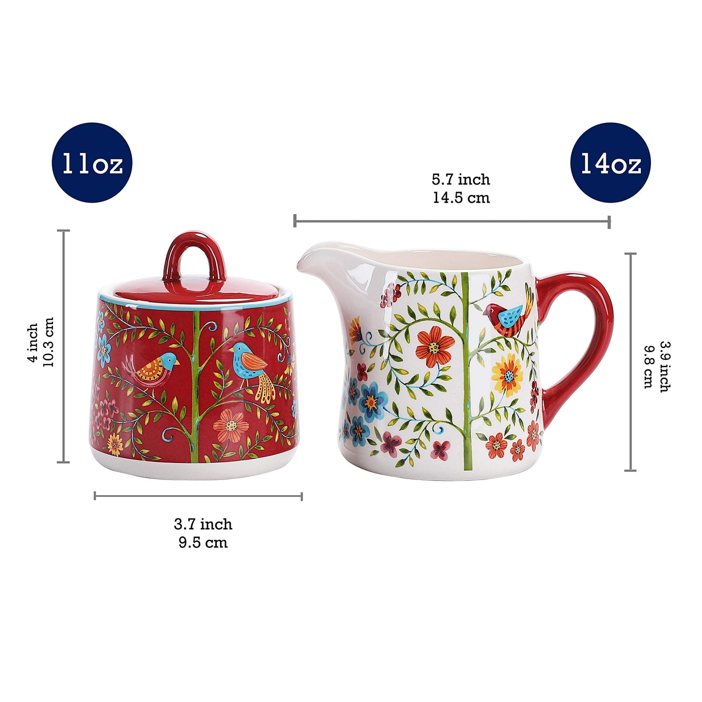 Bico Red Spring Bird Ceramic Sugar and Creamer Set, Sugar Bowl with Lid, Cute Container for Coffee Bar, Kitchen Countertop Accessories, Microwave and Dishwasher Safe