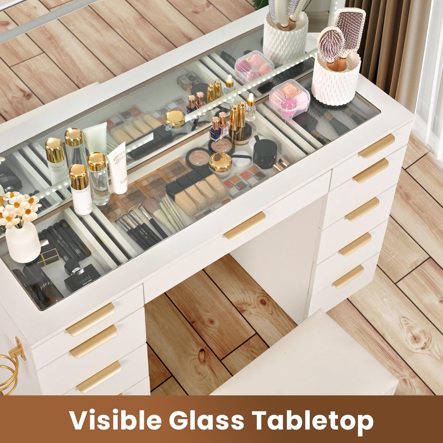 Fkhouse Glass Top Vanity Desk with Mirror and Lights, 11 Drawers Makeup Vanity with Stool, 3 Lighting Modes Dressing Table with Power Outlet, Golden Handles, White