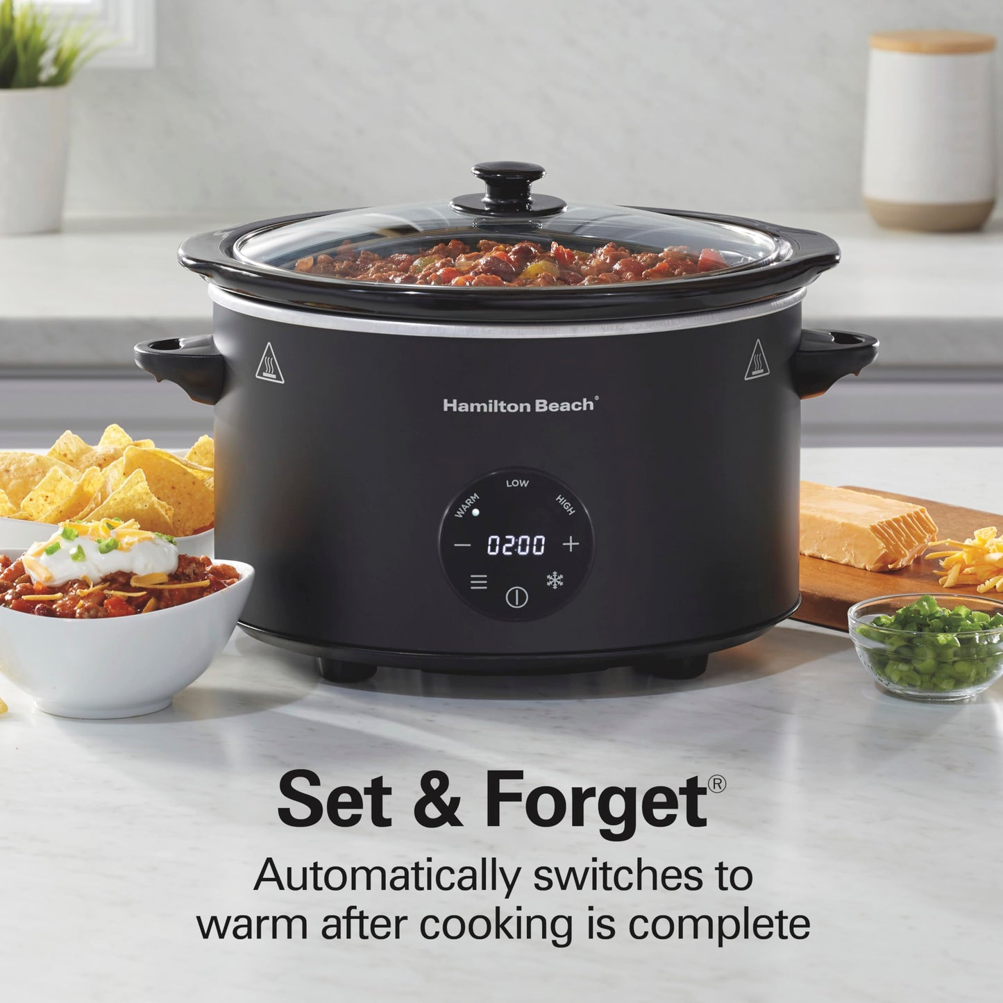 Hamilton Beach 6 Quart Set & Forget Programmable Slow Cooker with Defrost Function, Flexible Programming, Adjustable Countdown Timer, Large Dishwasher Safe Stoneware Crock and Glass Lid, Black (33765)