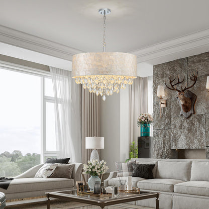 Pine Flicker X-Large 6-Light Drum Capiz Shell K9 Crystal Chandelier, Coastal Style Pendant Light Fixture for Dining Room, Living Room, D24 * H24~70 inch (Adjustable), Clear Crystal & Chrome Finish