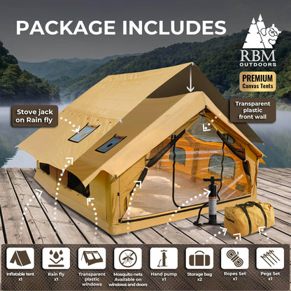 RBM Outdoors Panda Air Large Inflatable Canvas Camping Tent for 2–6 People – Air Beam Tent with Stove Jack, Fast Setup, Hand Pump Included, Beige