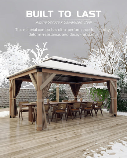 IDEALHOUSE 10x12 FT Outdoor Hardtop Wood Gazebo with Cedar Frame, Double Galvanized Steel Roof, Patio Pavilion with Curtains, Mesh Netting & Ceiling Hook for Backyard, Deck, Lawn, Garden