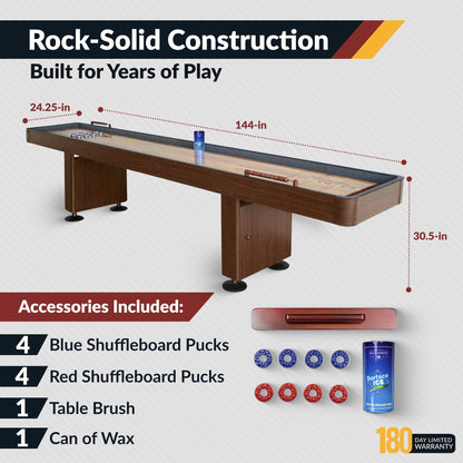 Hathaway Challenger 12 Ft Shuffleboard Table for Family Arcade Game Room - With Poly-Coated Playfield, Built-In Scorer & Cabinet, Climate Adjusters, Leg Levelers, 8 Pucks, Brush & Wax - Walnut Finish