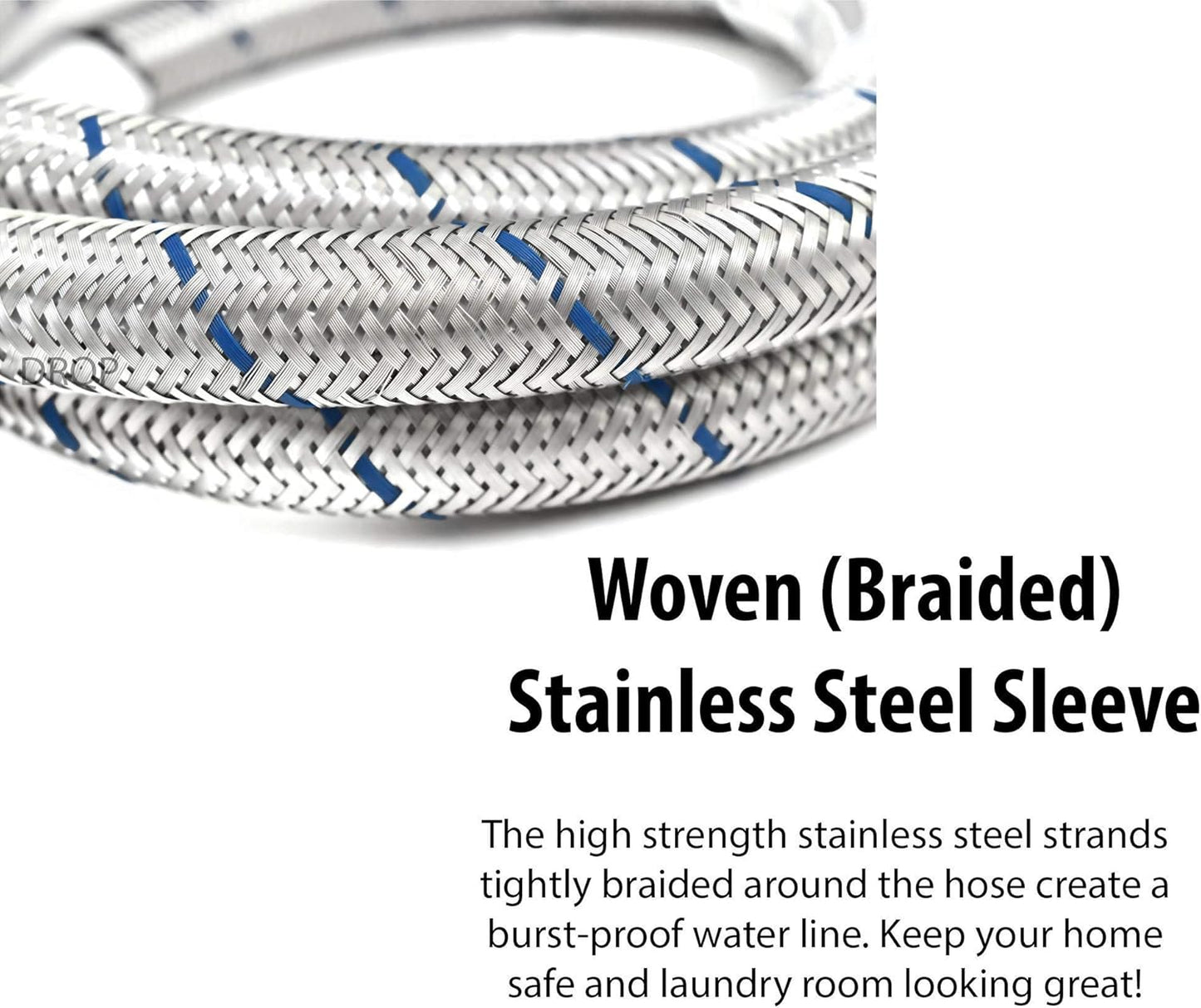 Set of Hot and Cold Stainless Steel Washing Machine Hoses, 6ft Long, Burst Proof Water Supply Lines