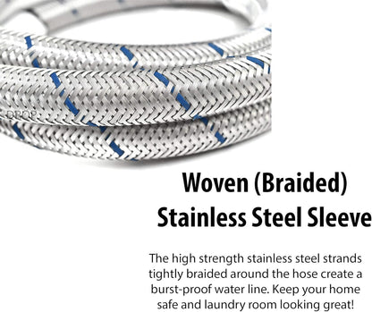 Set of Hot and Cold Stainless Steel Washing Machine Hoses, 6ft Long, Burst Proof Water Supply Lines
