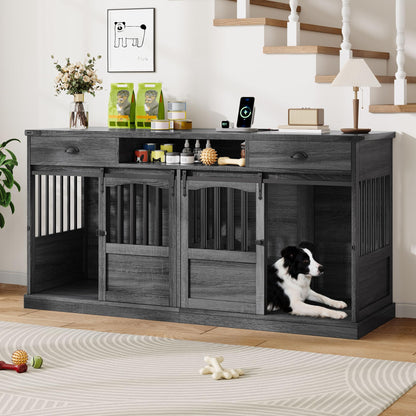 Homiflex 72" Double Dog Crate Furniture with Storage for 2 Medium Large Dogs Farmhouse Wooden Dog Kennel Furniture with 2 Sliding Doors Divider & Power Outlet Decorative Dog Cage TV Stand Grey